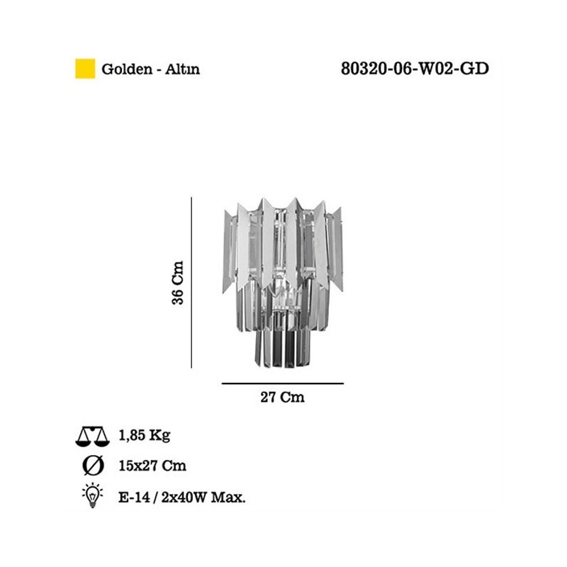 Ekskluzywny kryształowy kinkiet 80320-06-W02-GD RISERVA ZŁOTY SALON SYPIALNIA JADALNIA HOTEL LUCEA