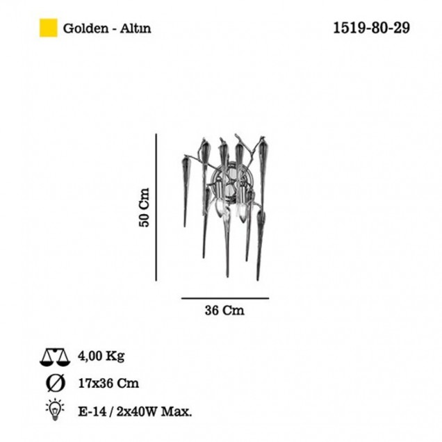 Ekskluzywny kinkiet złoty 1519-80-29 ABRANTES SALON SYPIALNIA JADALNIA HOTEL LUCEA - 2