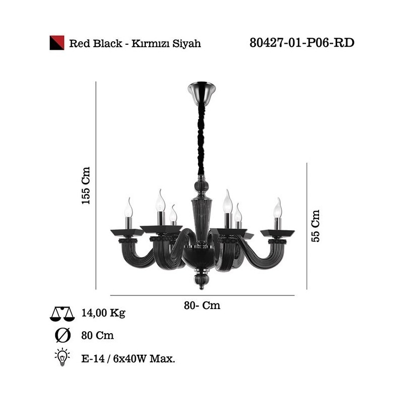 Ekskluzywny czarny żyrandol 80427-01-P06-RD MONTEFANO SALON SYPIALNIA JADALNIA HOTEL LUCEA