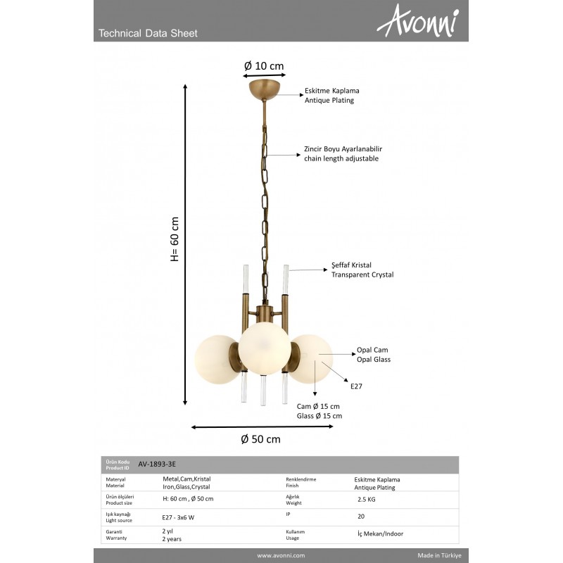Nowoczesna lampa wisząca Avonni AV-1893-3E salon, sypialnia, kuchnia, jadalnia