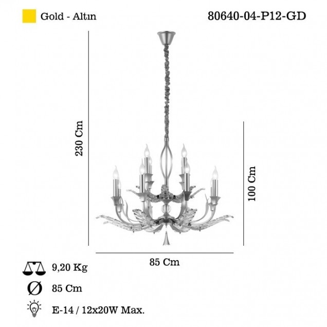 Złoty designerski żyrandol 85cm 12xE14 Lucea DALILA 80640-04-P12-GD - 1